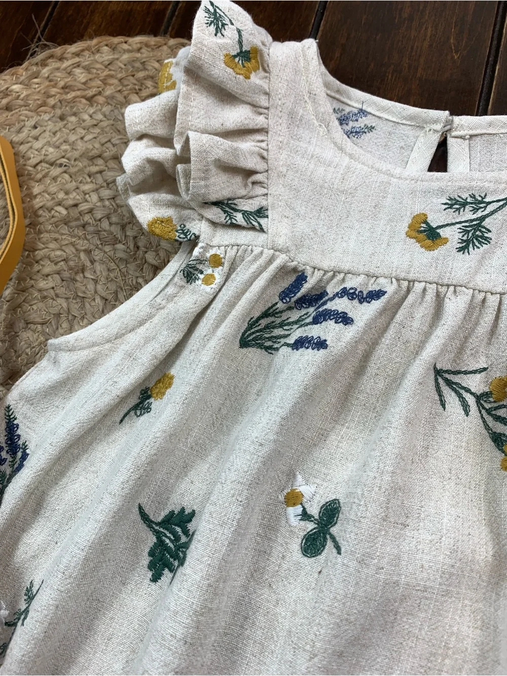 Toddler Embroidered Beige Floral Ruffle Sleeve Boho Dress